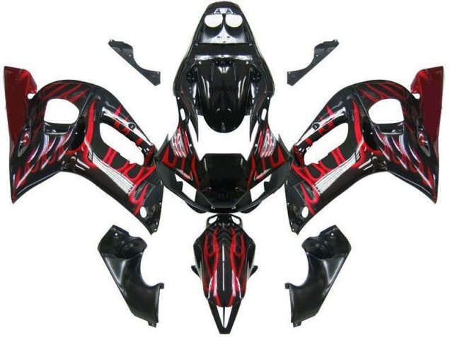 1998-2002 Glossy Black Red Flame Yamaha YZF 600 R6 Motorcycle Fairings UK