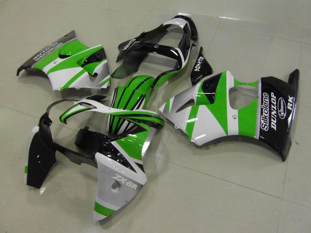 2000-2002 White Green Glossy Black Stripe Silkolene Dunlop Kawasaki ZX6R Motorcycle Fairings UK