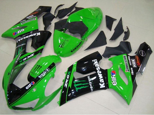 2005-2006 Green Glossy Black Elf Monster Kawasaki ZX6R Motorcycle Fairings UK