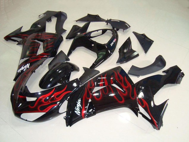 2006-2007 Glossy Black Red Flame Kawasaki ZX10R Motorcycle Fairings UK
