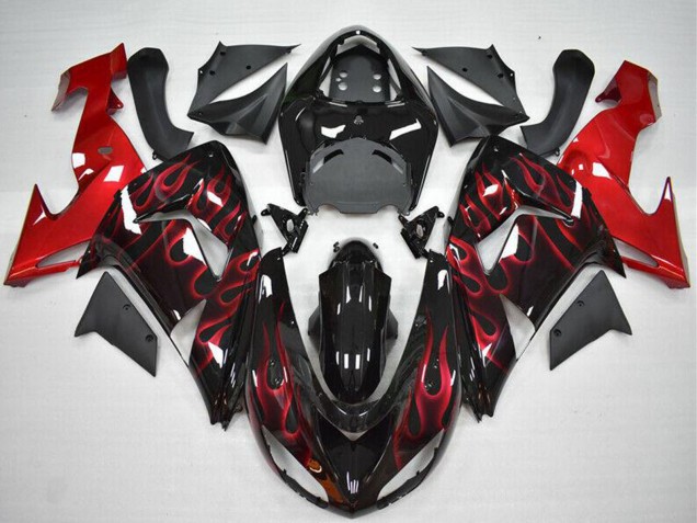 2006-2007 Glossy Black Red Flame Kawasaki ZX10R Motorcycle Fairing UK