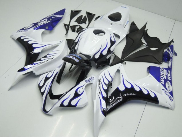 2007-2008 White Blue Glossy Black Flame Honda CBR600RR Motorcycle Fairings UK