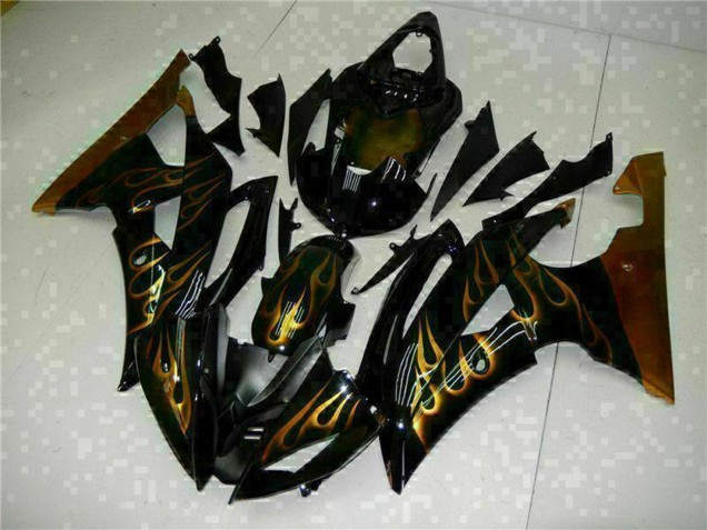 2008-2016 Glossy Black Gold Flame Yamaha YZF R6 Motorcycle Fairings UK