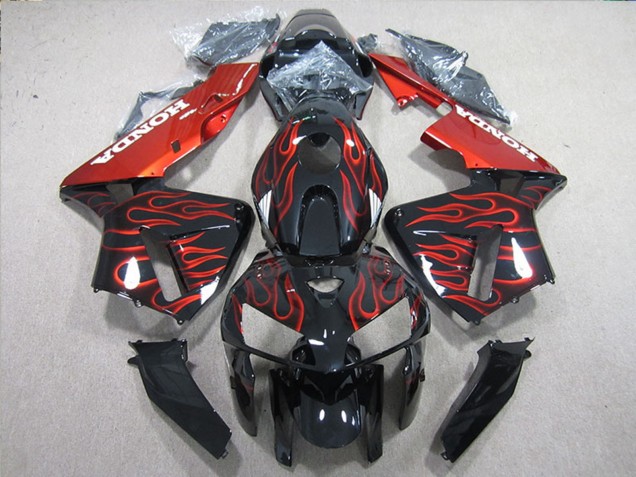 2005-2006 Glossy Black Red Flame Honda CBR600RR Bike Fairings UK