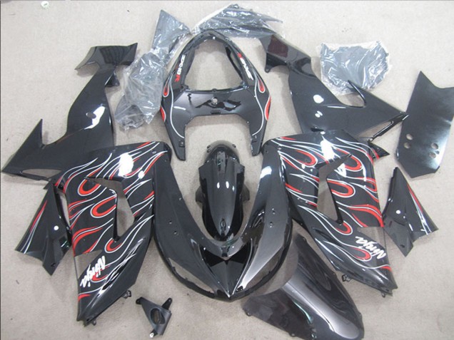 2006-2007 Glossy Black Red White Flame Kawasaki ZX10R Motorcycle Fairings UK