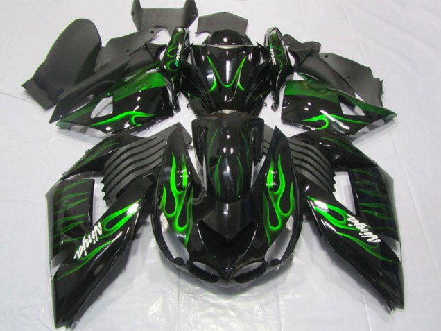 2006-2011 Glossy Black Green Flame Kawasaki ZX14R ZZR1400 Motorcycle Fairings UK