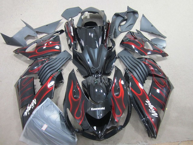 2006-2011 Glossy Black Red Flame Kawasaki ZX14R ZZR1400 Motorcycle Fairing UK