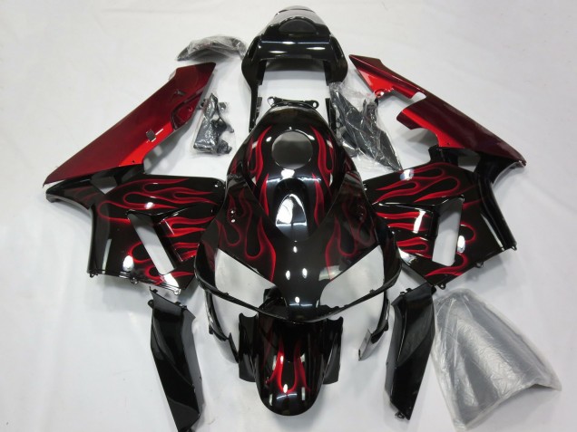 2003-2004 Glossy Black Red Flame Honda CBR600RR Motorcycle Fairings UK