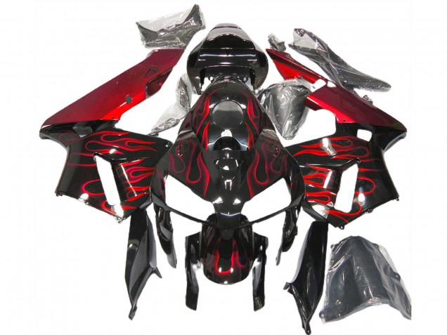 2005-2006 Glossy Black Red Flame Honda CBR600RR Motorcycle Fairings UK
