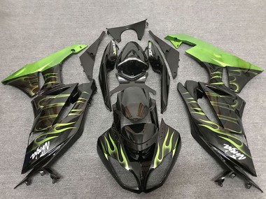 Buy 2009-2012 Glossy Black Green Flame Kawasaki ZX6R Motorcycle Fairings UK