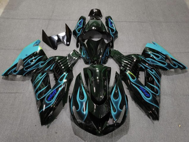2006-2011 Glossy Black Light Blue Flame Kawasaki ZX14R Motorcycle Fairings UK