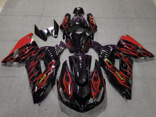 2006-2011 Glossy Black Red Flame Gold Ninja Kawasaki ZX14R Motorcycle Fairings UK