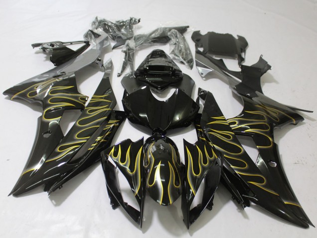 2008-2016 Glossy Black Gold Flame Yamaha R6 Motorcycle Fairings UK