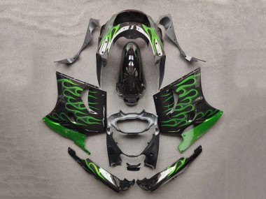 Buy 1993-2003 Glossy Black Green Flame Kawasaki ZZR1100 Motorcycle Fairings UK