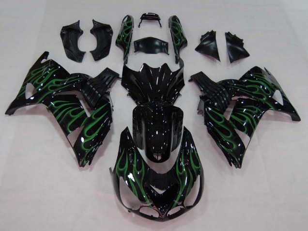 2006-2011 Glossy Black Green Flame Kawasaki ZX14R ZZR1400 Motorcycle Fairing UK