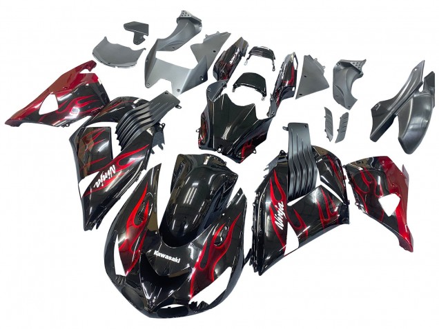 2006-2011 Glossy Black Red Flame Kawasaki ZX14R ZZR1400 Motorcycle Fairing Kits UK