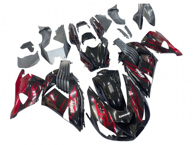 2006-2011 Glossy Black Red Flame Kawasaki ZX14R ZZR1400 Motorcycle Fairing Kits UK