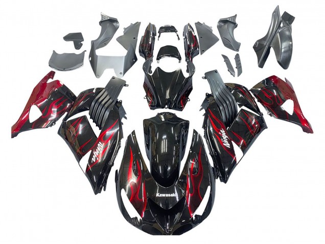 2006-2011 Glossy Black Red Flame Kawasaki ZX14R ZZR1400 Motorcycle Fairing Kits UK