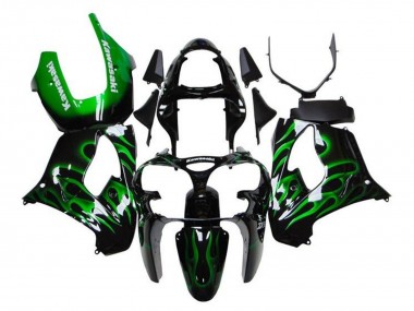 Buy 2000-2001 Glossy Black Green Flame White Kawasaki ZX9R Motorcycle Fairings UK