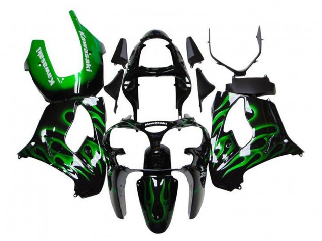2000-2001 Glossy Black Green Flame White Kawasaki ZX9R Motorcycle Fairings UK