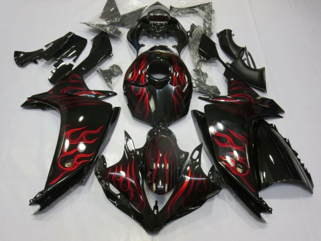2007-2008 Glossy Black Red Flame Yamaha YZF 1000 R1 Motorcycle Fairings UK