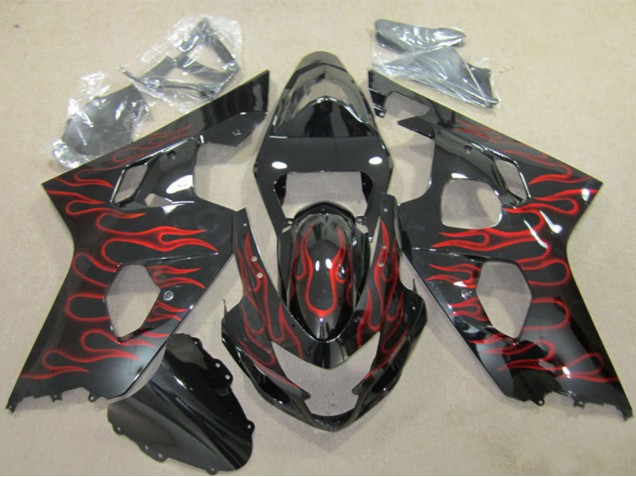 2004-2005 Glossy Black Red Flame Suzuki GSXR 600 Motorcycle Fairings UK