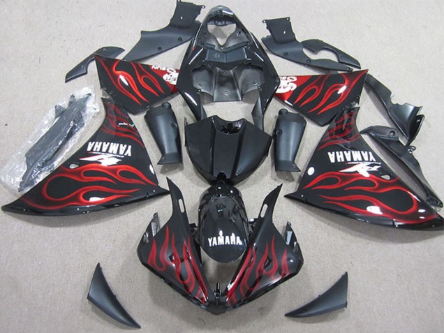 2009-2011 Glossy Black Red Flame Yamaha YZF R1 Motorcycle Fairings UK