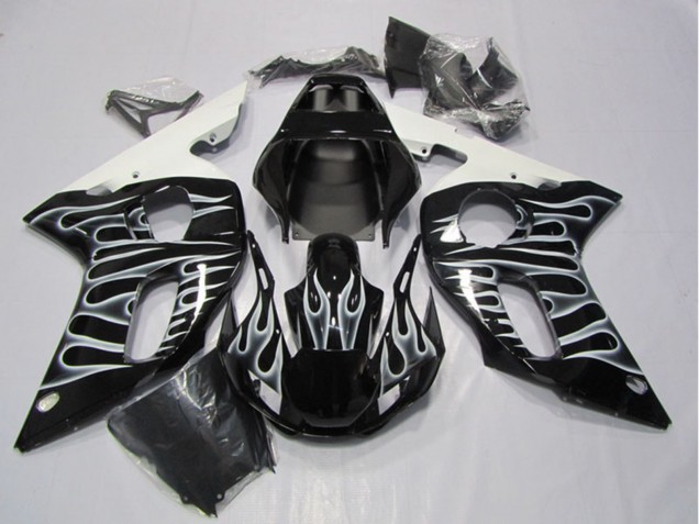1998-2002 Glossy Black White Flame Yamaha YZF R6 Motorcycle Fairings UK
