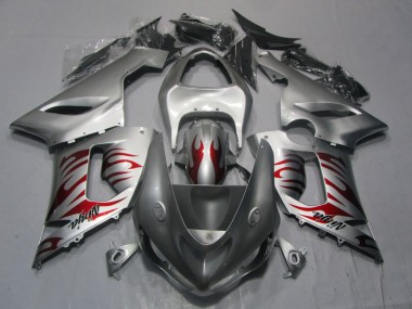 Buy 2005-2006 Silver Red Flame Ninja Kawasaki ZX6R Motorcycle Replacement Fairings UK