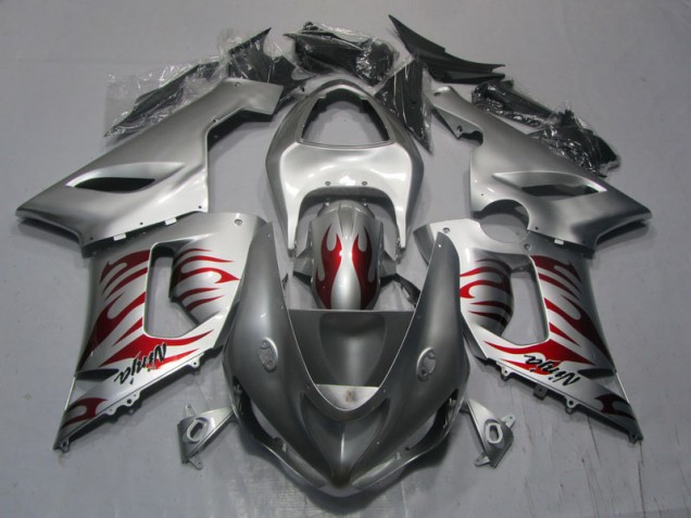 Buy 2005-2006 Silver Red Flame Ninja Kawasaki ZX6R Motorcycle Replacement Fairings UK Buy 2005-2006 Silver Red Flame Ninja Kawasaki ZX6R Motorcycle Replacement Fairings UK